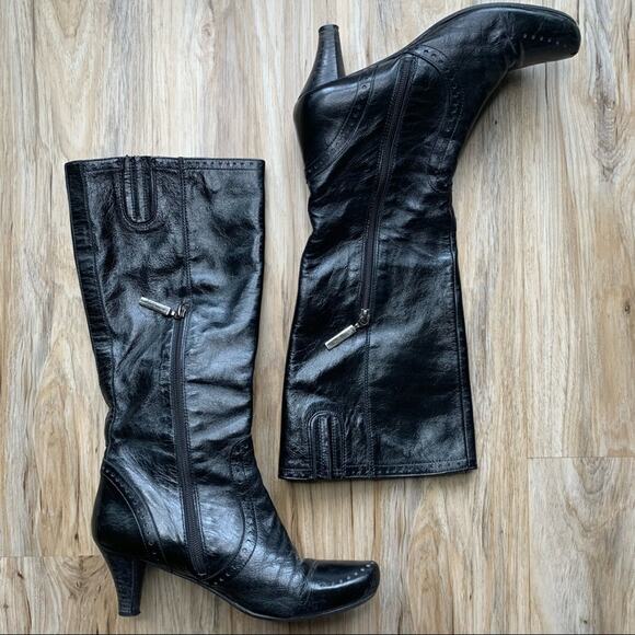 FRANCESCO MORICHETTI Black Leather Spectator Tall Boots Low Heel Size 40 / 9.5 - Picture 4 of 10